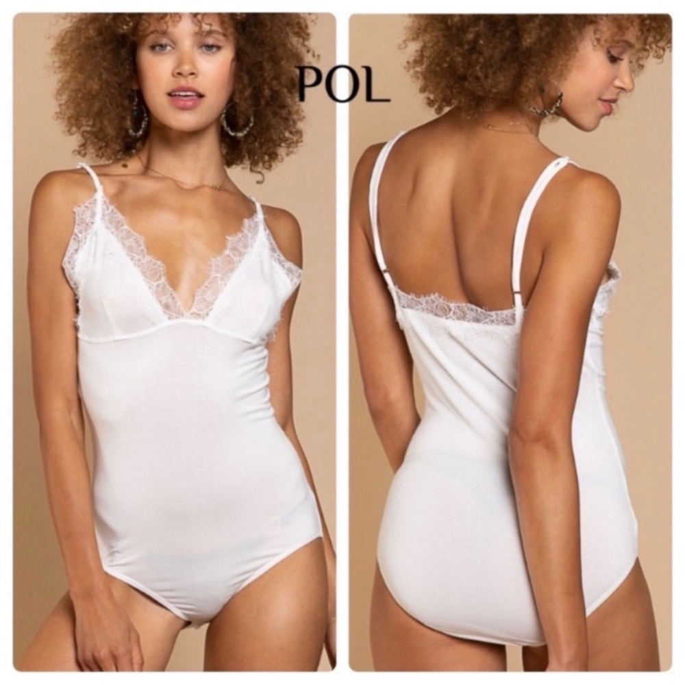 New POL Lace Trim Adjustable Strap White Bodysuit